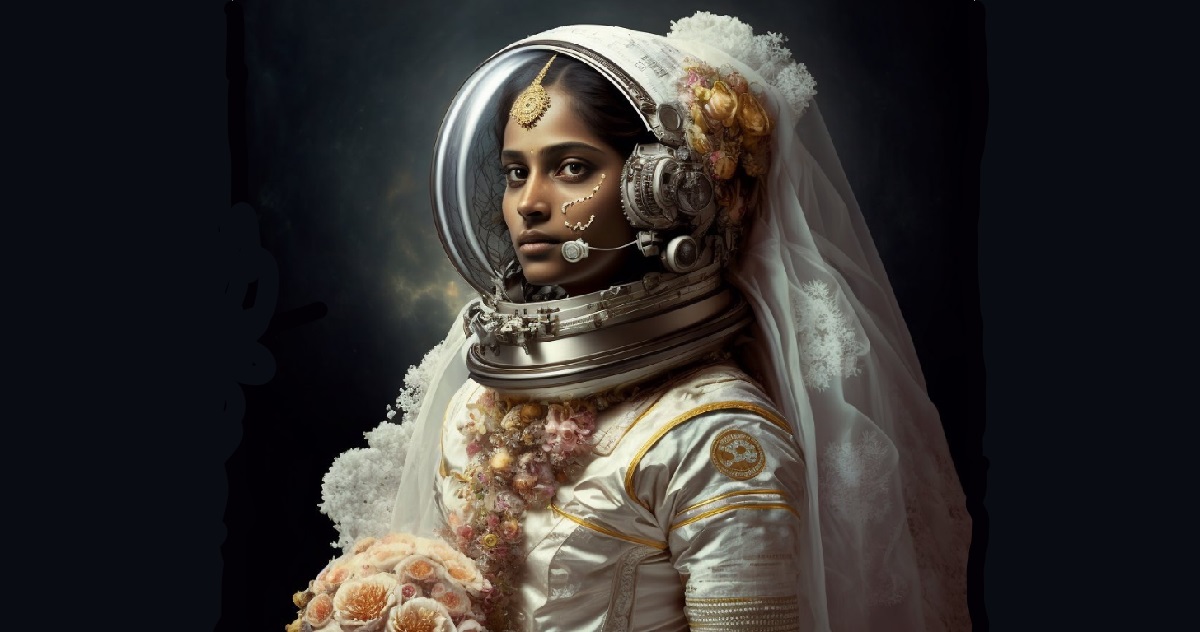 زن فضانورد در لباس عروس