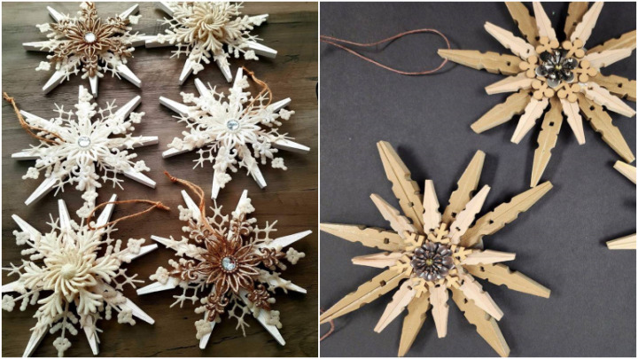 روش درست کردن دانه برف با گیره‌های چوبی لباس برای درخت کریسمس